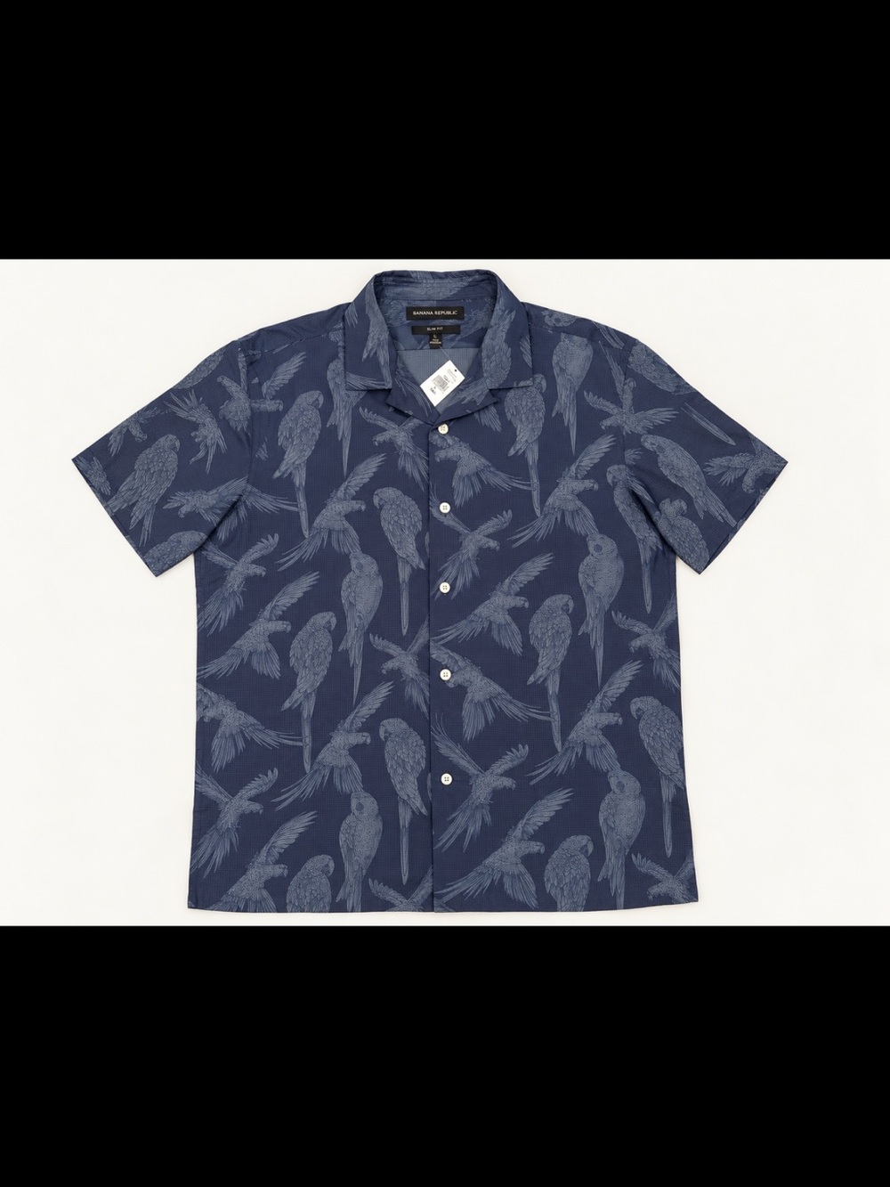 Banana Republic Navy Parrot Print Short Sleeve Button-Up Shirt